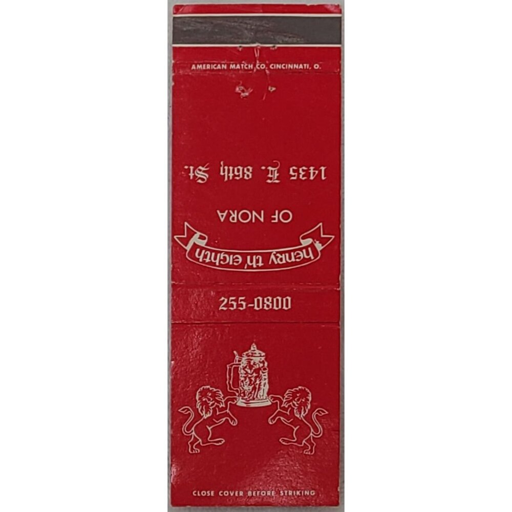 Vintage Matchbook Cover Henry the Eighth of Nora Indianapolis IN Indiana